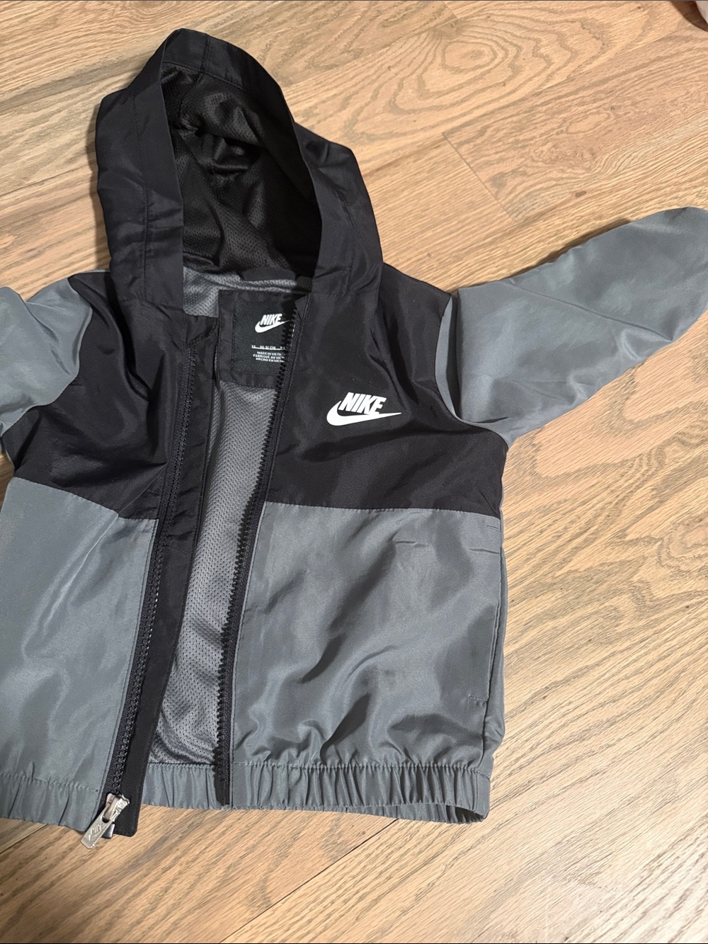 Nike Kids Black and Gray Hooded Rain Jacket